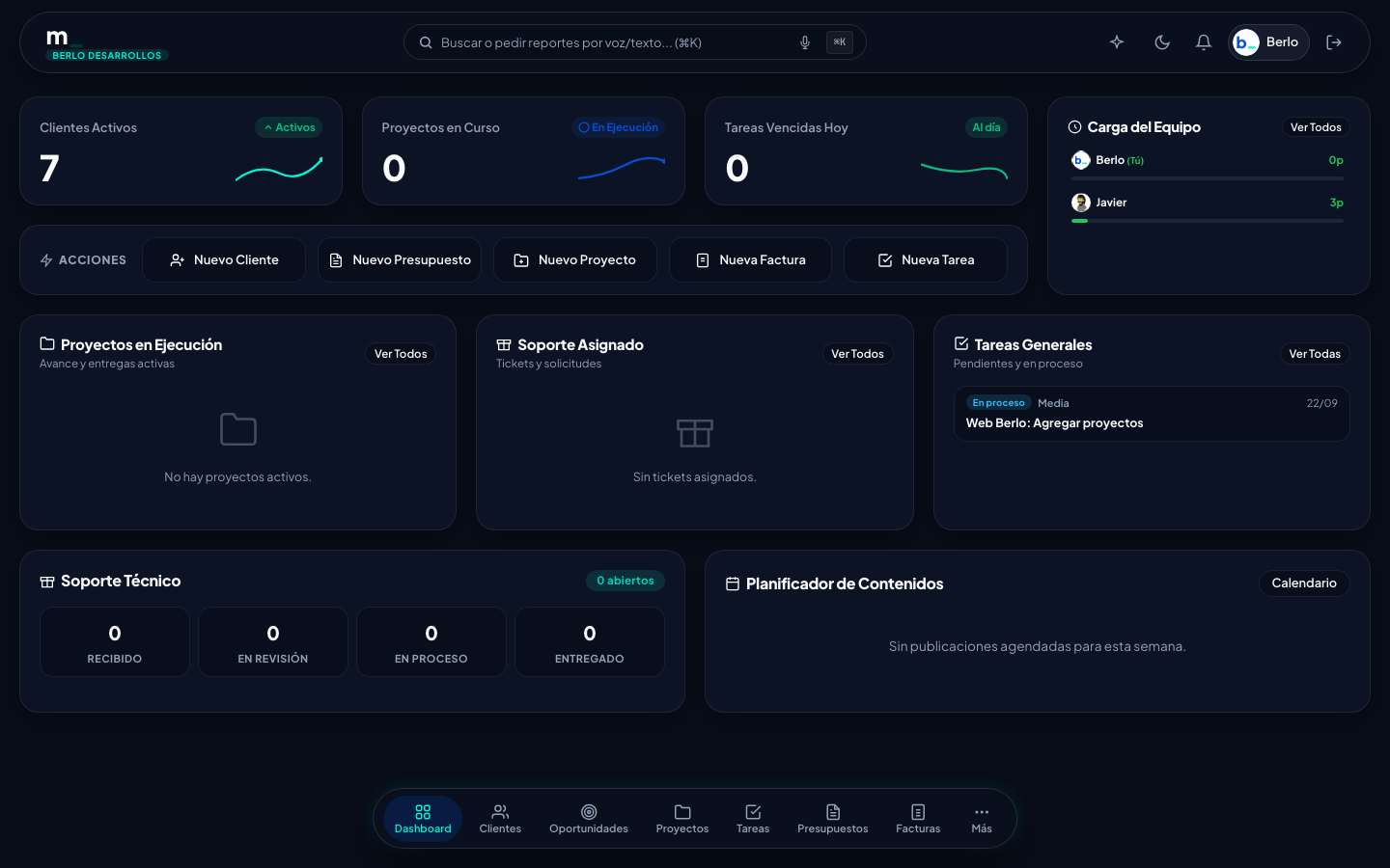 Dashboard de Berlo Modus: Panel operativo con métricas de clientes, proyectos en curso y asistente de IA