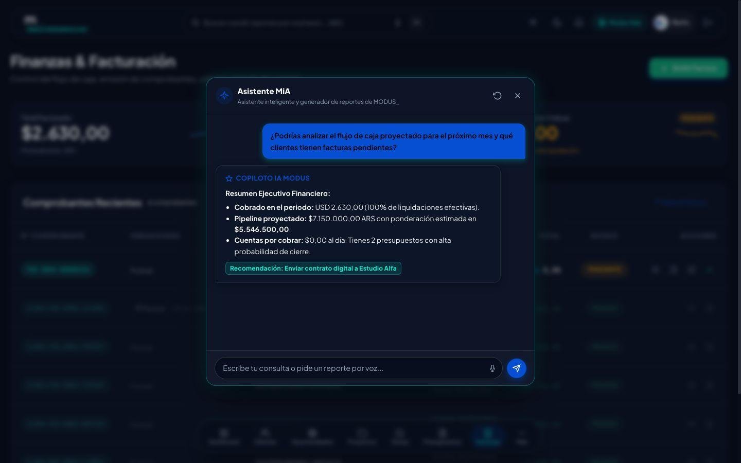 Copiloto de IA Integrado en Berlo Modus generando cotizaciones y análisis financiero en lenguaje natural