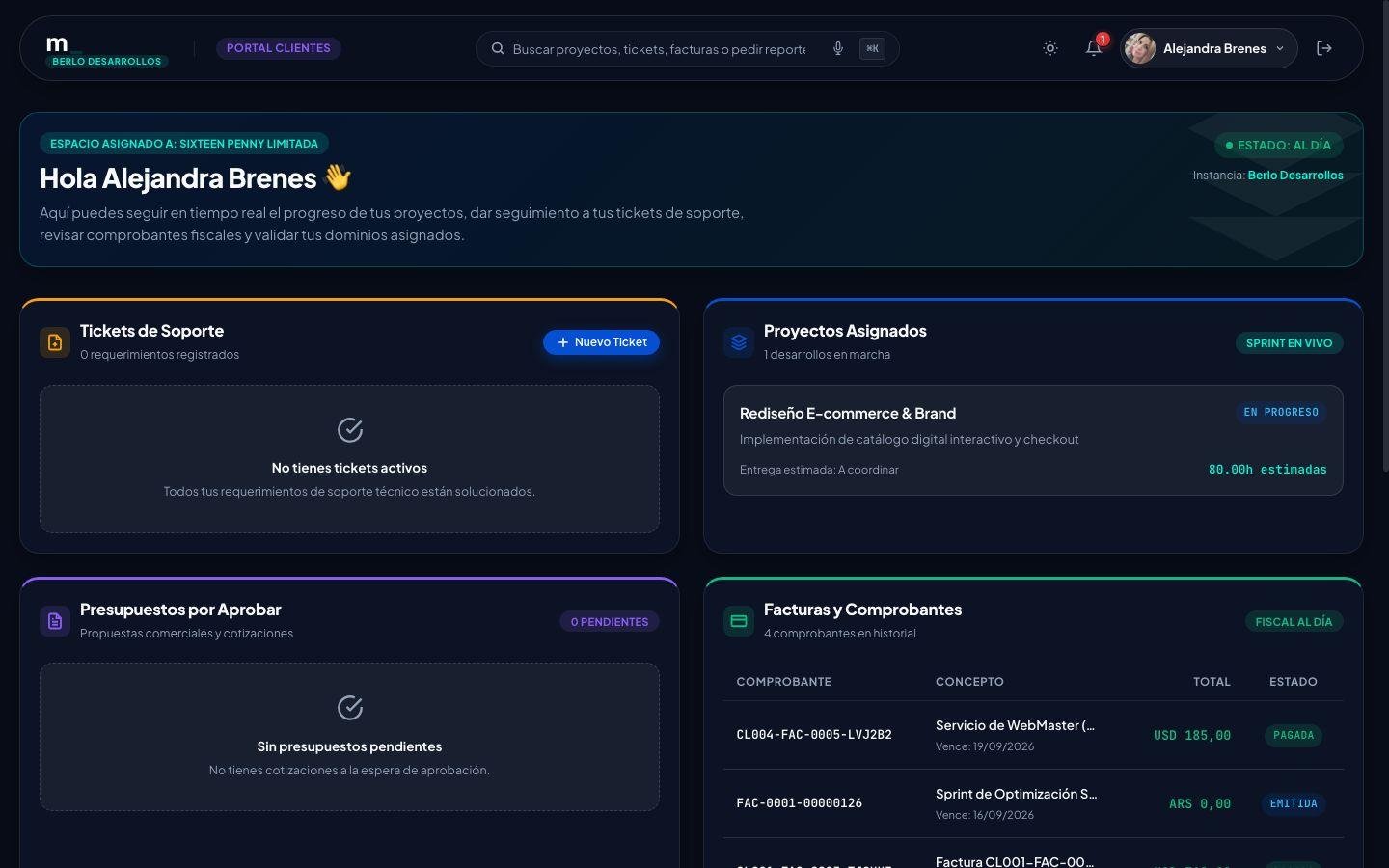 Portal de clientes para aprobación digital de presupuestos, seguimiento de entregables y comprobantes