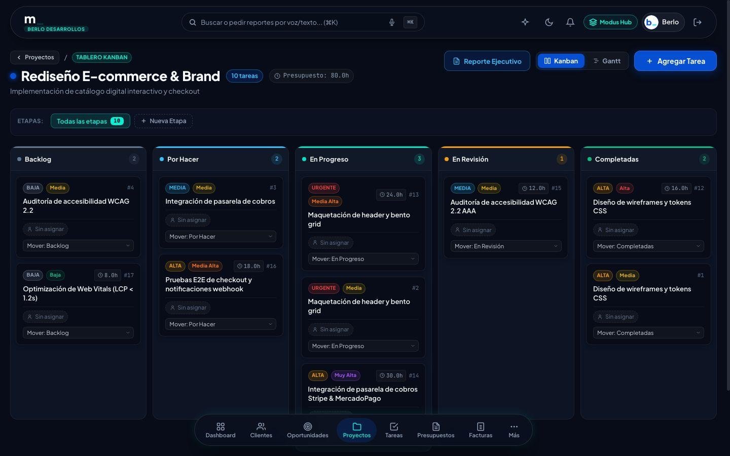 Gestión de proyectos y tableros Kanban de tareas con imputación de horas y entregables en Berlo Modus